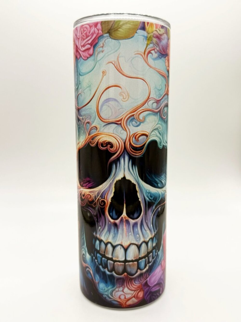 Floral Rose Skull Skeleton Halloween Spooky Coffee Cup Skinny Tumbler 20oz